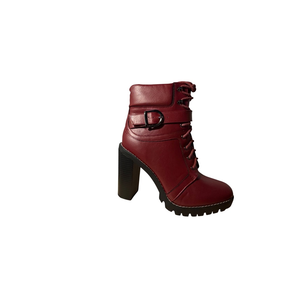 BCBGeneration Padina Burgundy Lace Up‎ Buckle Block Heel Lug Sole Boots 9.5M